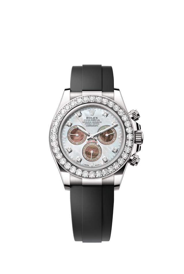 Rolex Cosmograph Daytona, Oyster, 40 mm, white gold and diamonds, white and black mother-of-pearl set with diamonds dial