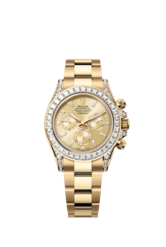 Rolex Cosmograph Daytona, Oyster, 40 mm, yellow gold and diamonds, golden set with diamonds dial