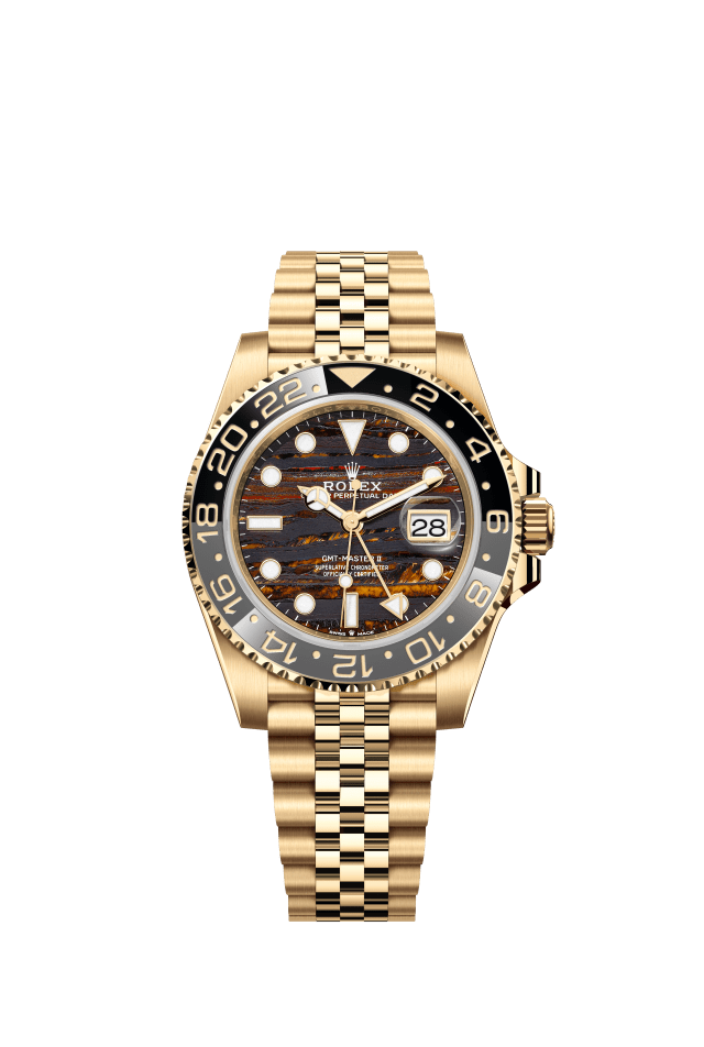 Rolex GMT-Master II, Oyster, 40 mm, yellow gold, tiger iron dial