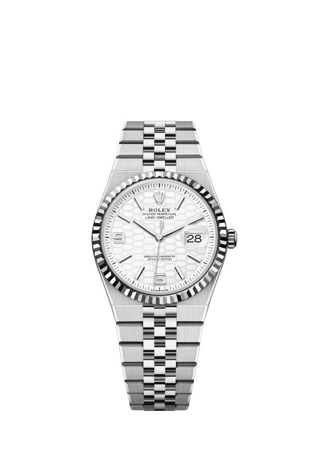 Rolex Land-Dweller 36, Oyster, 36 mm, Oystersteel and white gold, intense white dial, honeycomb motif