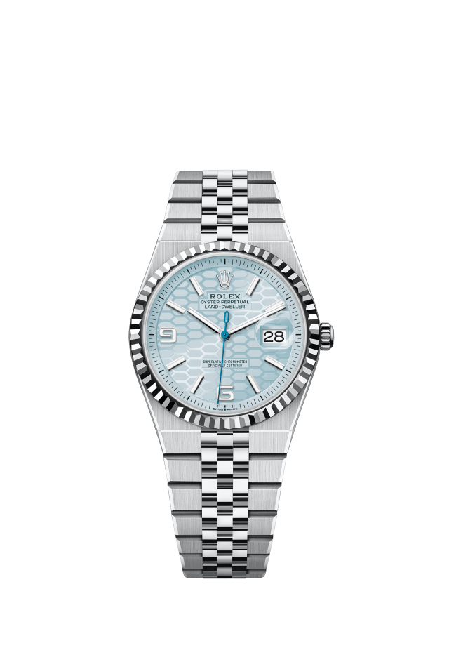 Rolex Land-Dweller 36, Oyster, 36 mm, platinum, ice blue dial, honeycomb motif