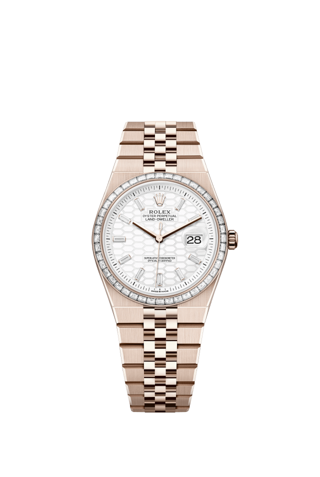 Rolex Land-Dweller 36, Oyster, 36 mm, Everose gold and diamonds, intense white dial, honeycomb motif set with diamonds