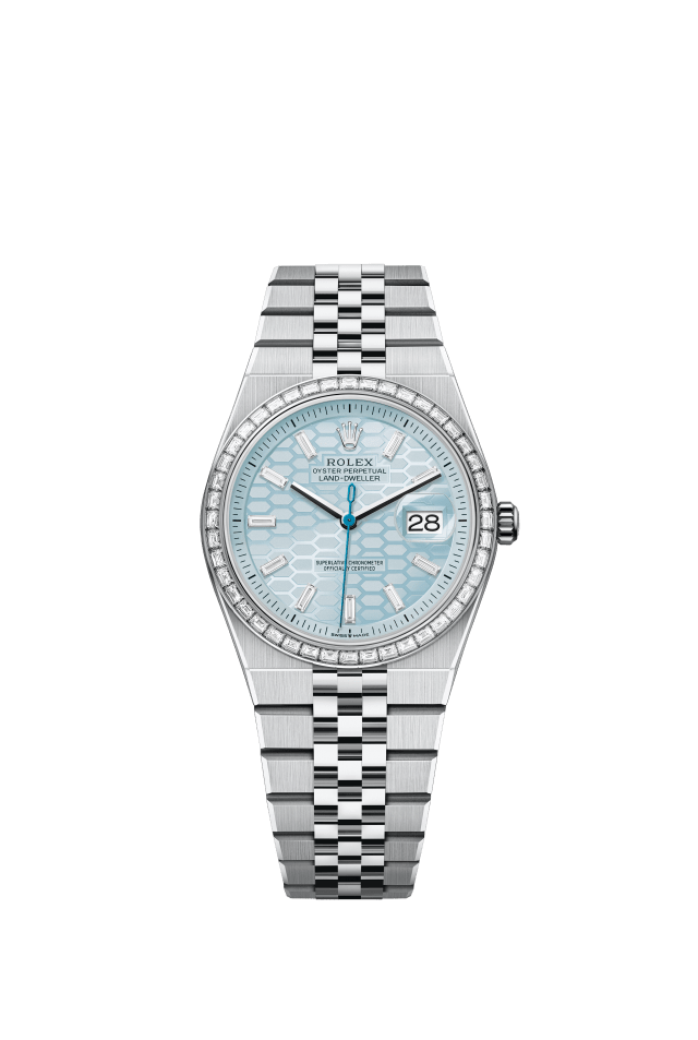 Rolex Land-Dweller 36, Oyster, 36 mm, platinum and diamonds, ice blue dial, honeycomb motif set with diamonds