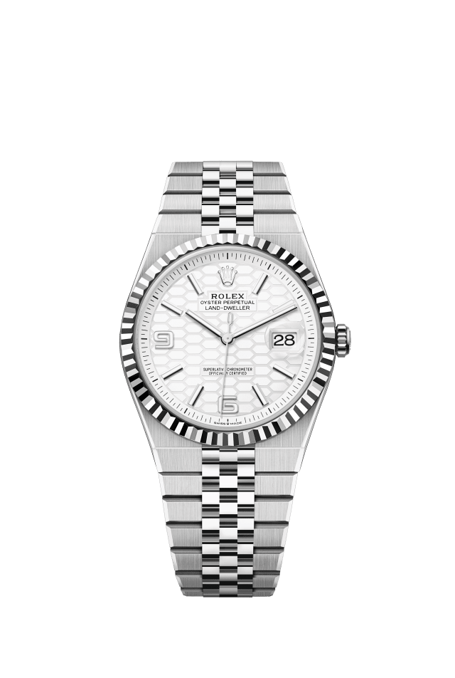 Rolex Land-Dweller 40, Oyster, 40 mm, Oystersteel and white gold, intense white dial, honeycomb motif