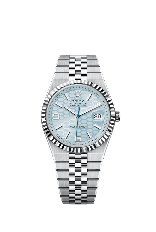 Rolex Land-Dweller 40, Oyster, 40 mm, platinum, ice blue dial, honeycomb motif