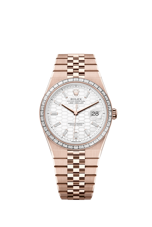 Rolex Land-Dweller 40, Oyster, 40 mm, Everose gold and diamonds, intense white dial, honeycomb motif set with diamonds