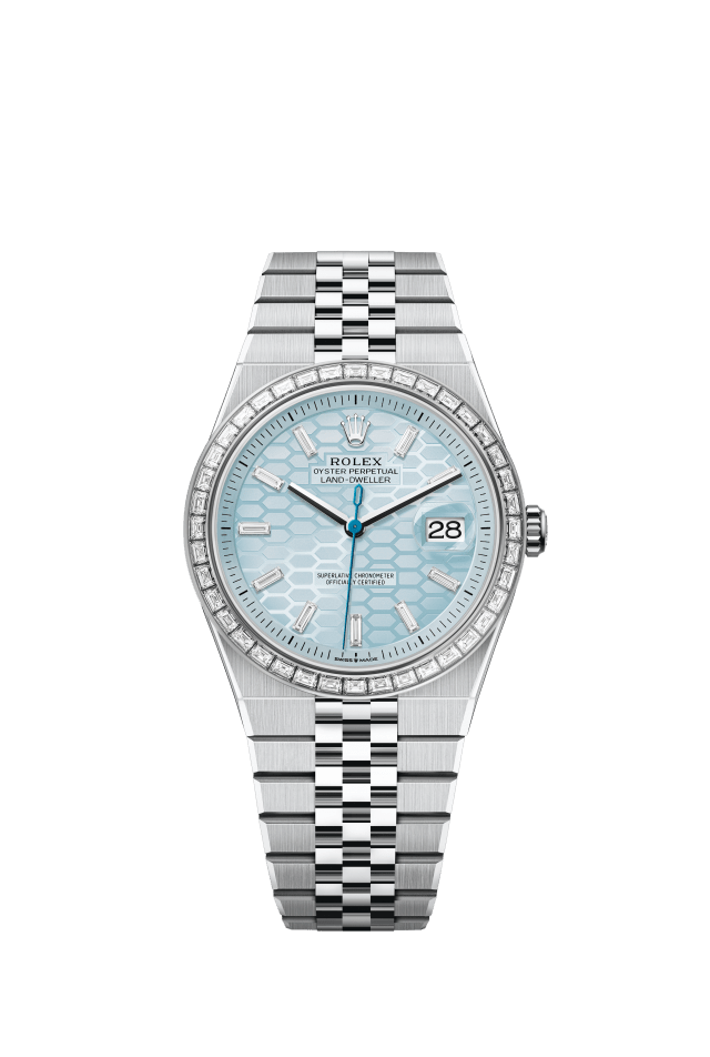 Rolex Land-Dweller 40, Oyster, 40 mm, platinum and diamonds, ice blue dial, honeycomb motif set with diamonds