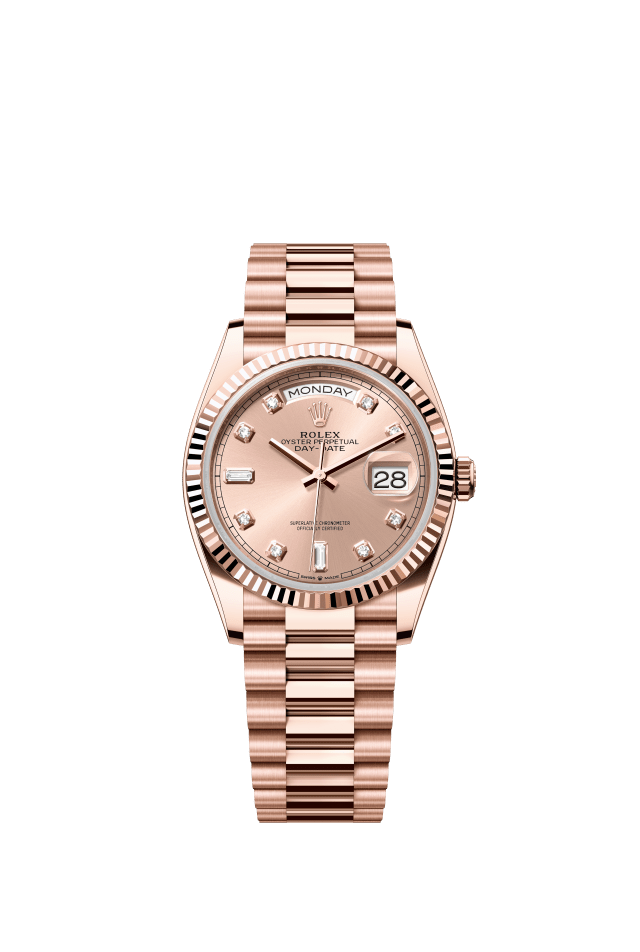 Rolex Day-Date 36, Oyster, 36 mm, Everose gold, rosé-colour set with diamonds dial