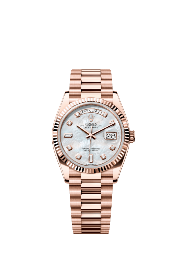 Rolex Day-Date 36, Oyster, 36 mm, Everose gold, white mother-of-pearl set with diamonds dial