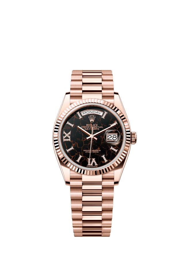 Rolex Day-Date 36, Oyster, 36 mm, Everose gold, eisenkiesel set with diamonds dial