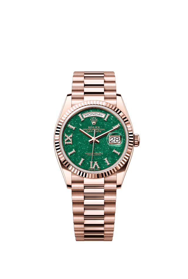 Rolex Day-Date 36, Oyster, 36 mm, Everose gold, green aventurine set with diamonds dial