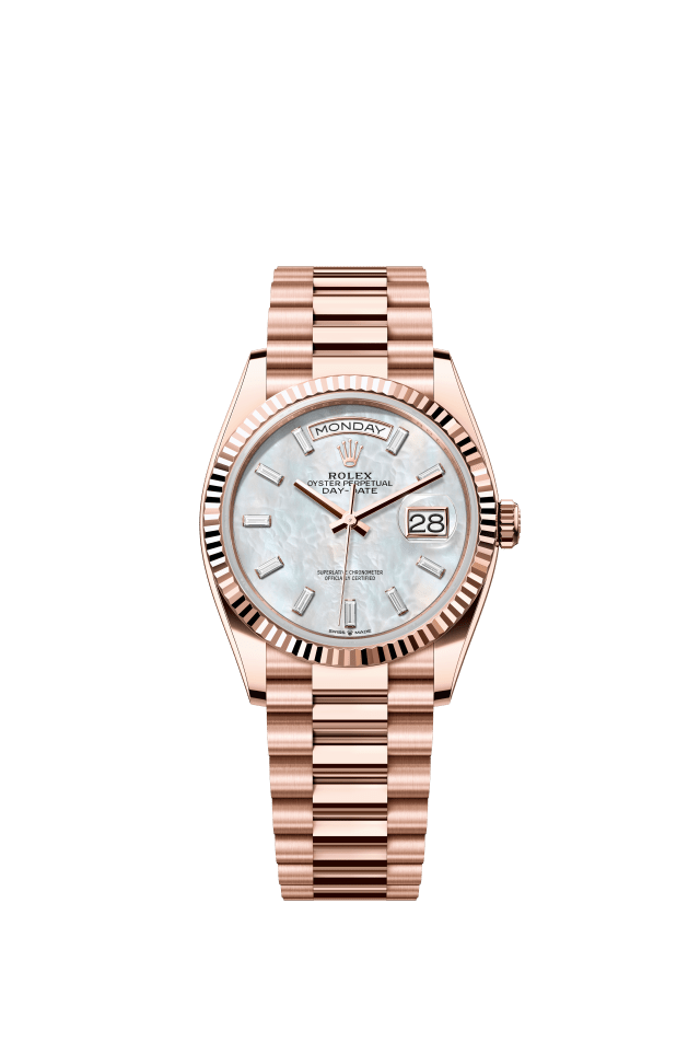 Rolex Day-Date 36, Oyster, 36 mm, Everose gold, white mother-of-pearl set with diamonds dial