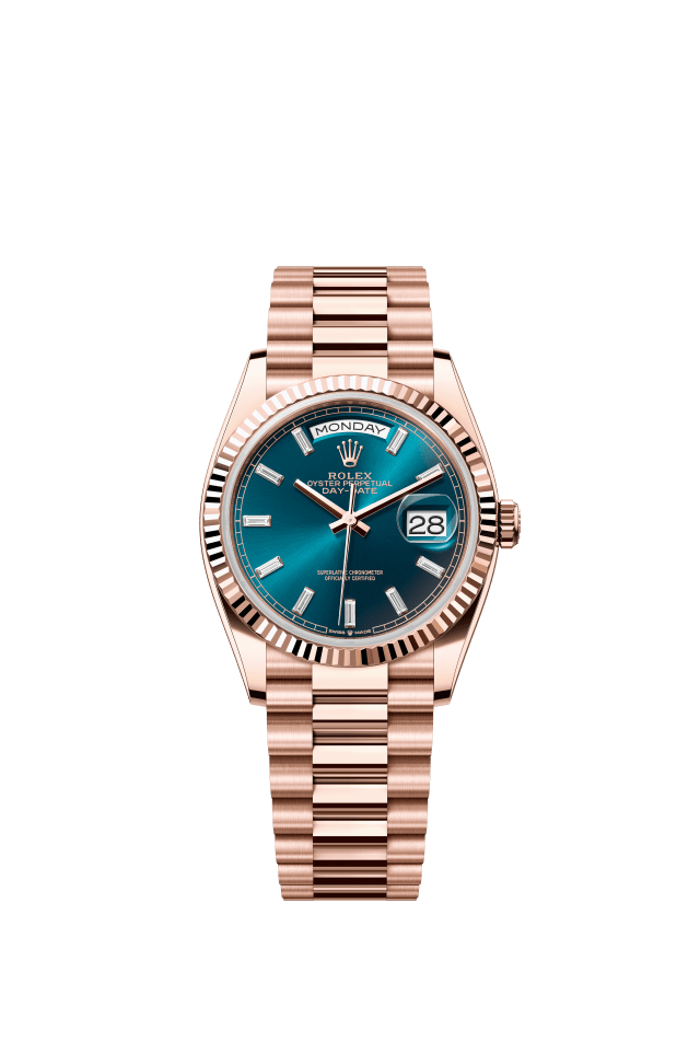 Rolex Day-Date 36, Oyster, 36 mm, Everose gold, blue-green set with diamonds dial