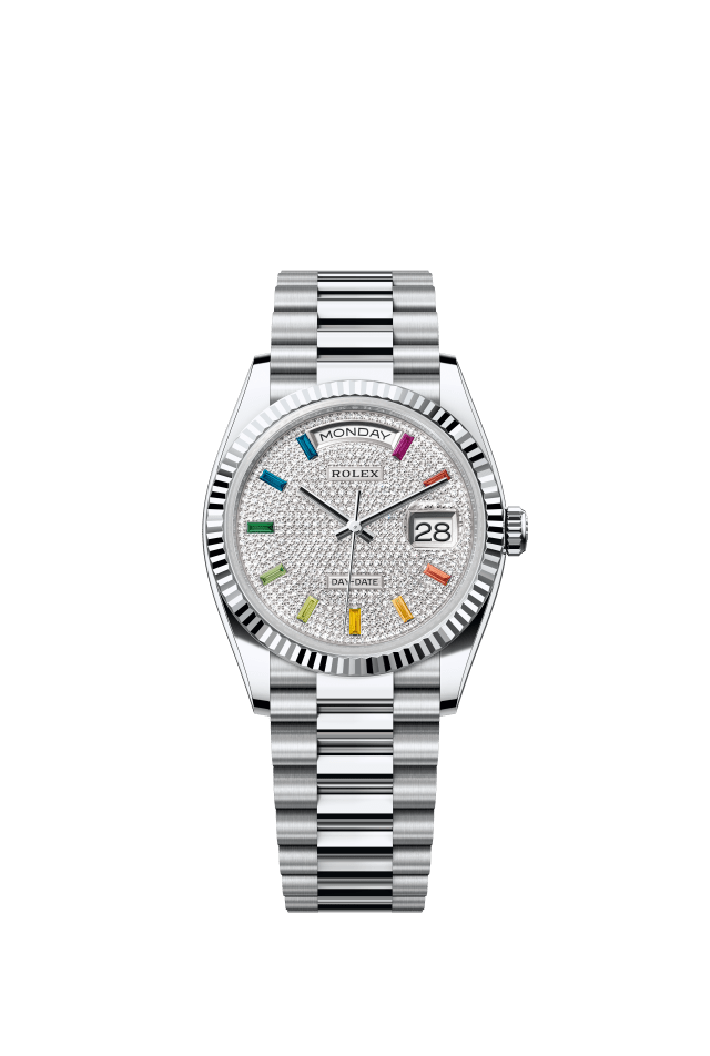 Rolex Day-Date 36, Oyster, 36 mm, platinum, diamond-paved dial