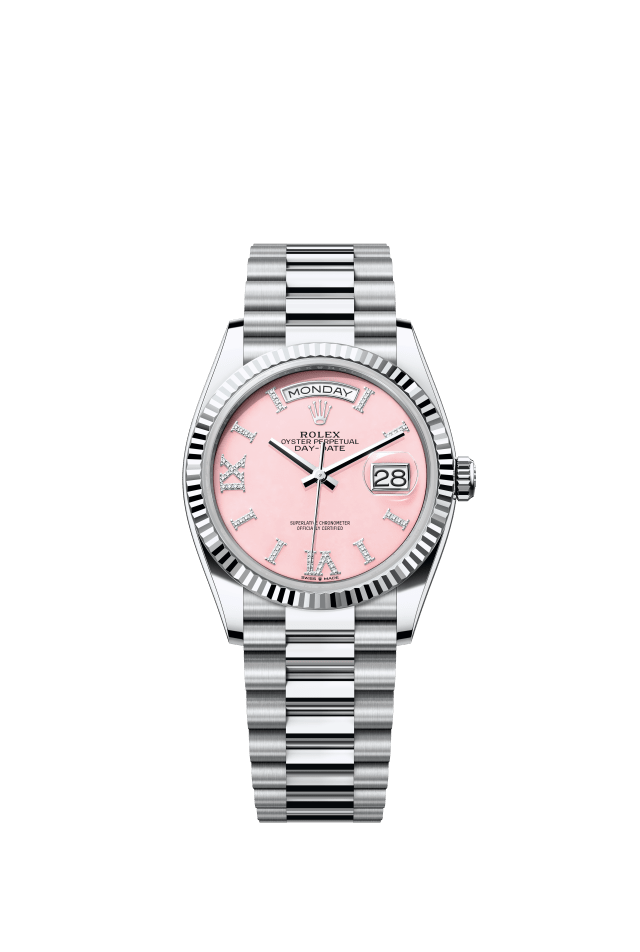 Rolex Day-Date 36, Oyster, 36 mm, platinum, pink opal set with diamonds dial