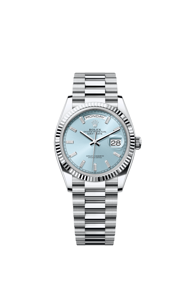Rolex Day-Date 36, Oyster, 36 mm, platinum, ice blue set with diamonds dial