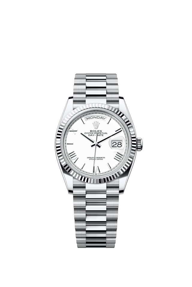 Rolex Day-Date 36, Oyster, 36 mm, platinum, white dial