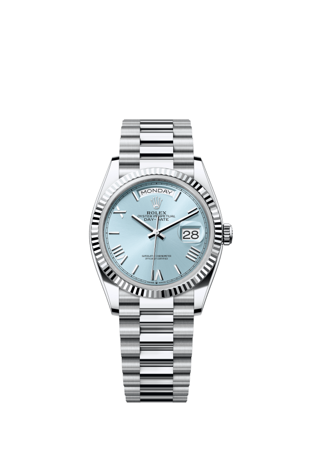 Rolex Day-Date 36, Oyster, 36 mm, platinum, ice blue dial
