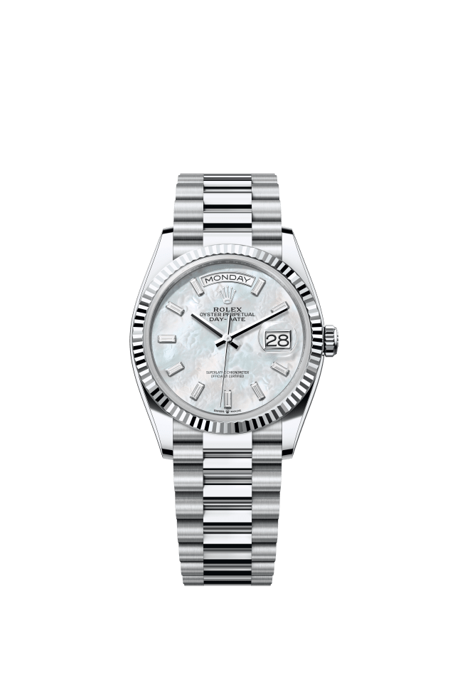 Rolex Day-Date 36, Oyster, 36 mm, platinum, white mother-of-pearl set with diamonds dial