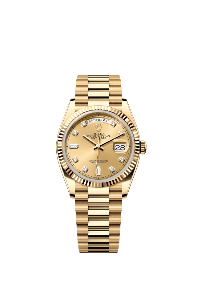 Rolex Day-Date 36, Oyster, 36 mm, yellow gold, champagne-colour set with diamonds dial