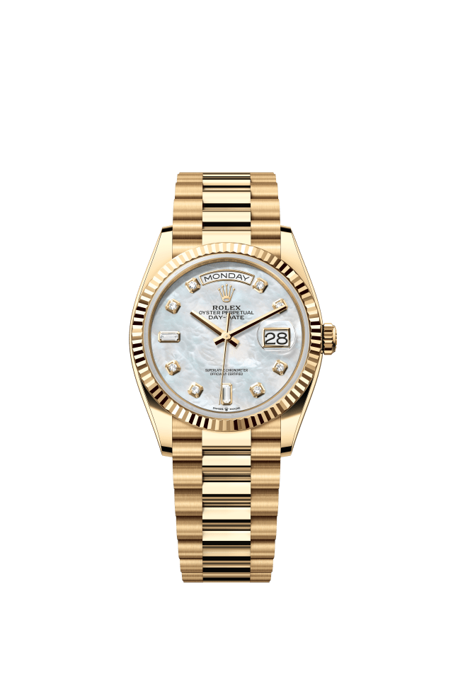 Rolex Day-Date 36, Oyster, 36 mm, yellow gold, white mother-of-pearl set with diamonds dial