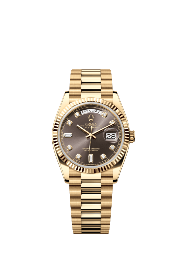 Rolex Day-Date 36, Oyster, 36 mm, yellow gold, dark grey set with diamonds dial