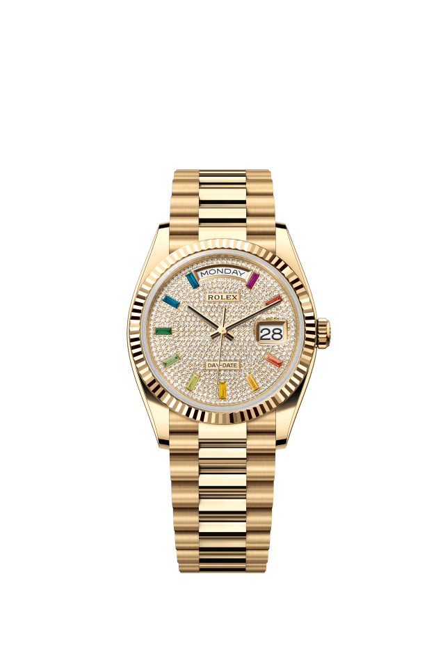 Rolex Day-Date 36, Oyster, 36 mm, yellow gold, diamond-paved dial