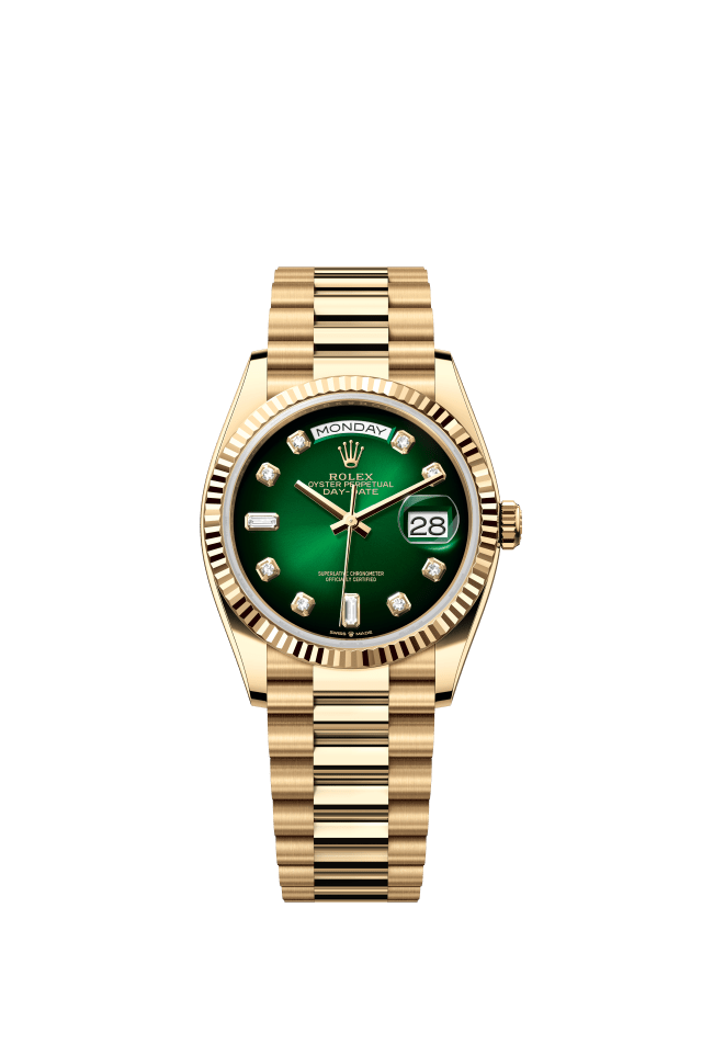 Rolex Day-Date 36, Oyster, 36 mm, yellow gold, green ombré set with diamonds dial