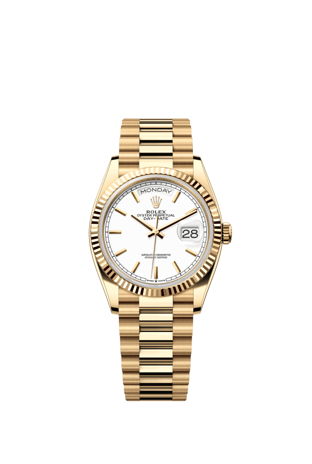 Rolex Day-Date 36, Oyster, 36 mm, yellow gold, white dial