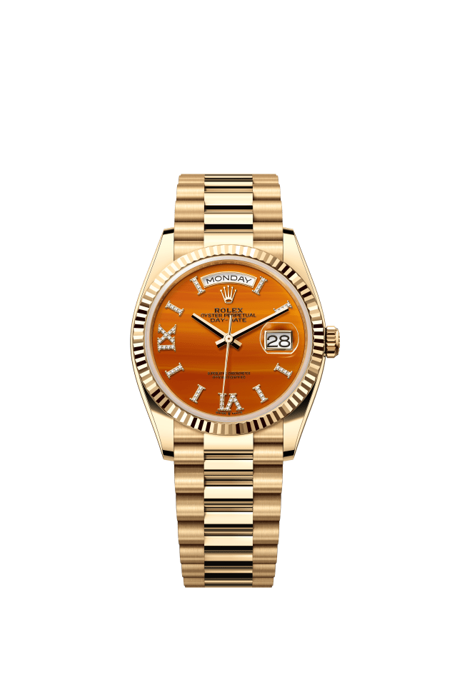 Rolex Day-Date 36, Oyster, 36 mm, yellow gold, carnelian set with diamonds dial