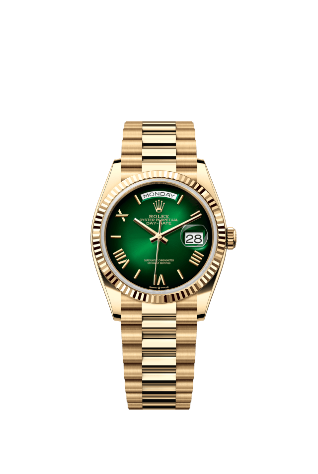 Rolex Day-Date 36, Oyster, 36 mm, yellow gold, green ombré dial
