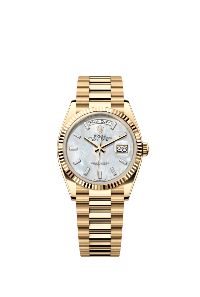 Rolex Day-Date 36, Oyster, 36 mm, yellow gold, white mother-of-pearl set with diamonds dial