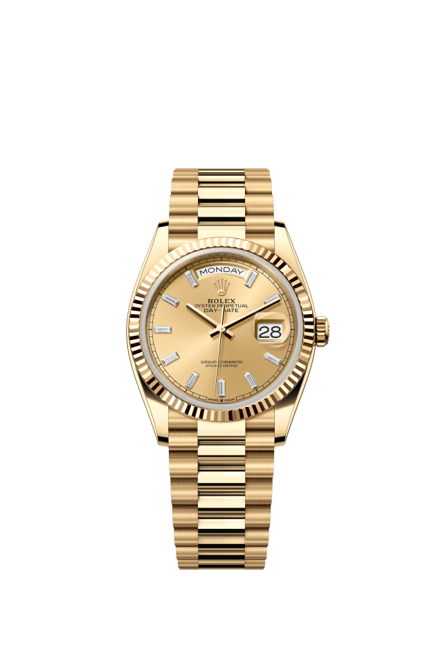 Rolex Day-Date 36, Oyster, 36 mm, yellow gold, champagne-colour set with diamonds dial