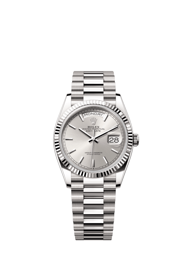 Rolex Day-Date 36, Oyster, 36 mm, white gold, silver dial