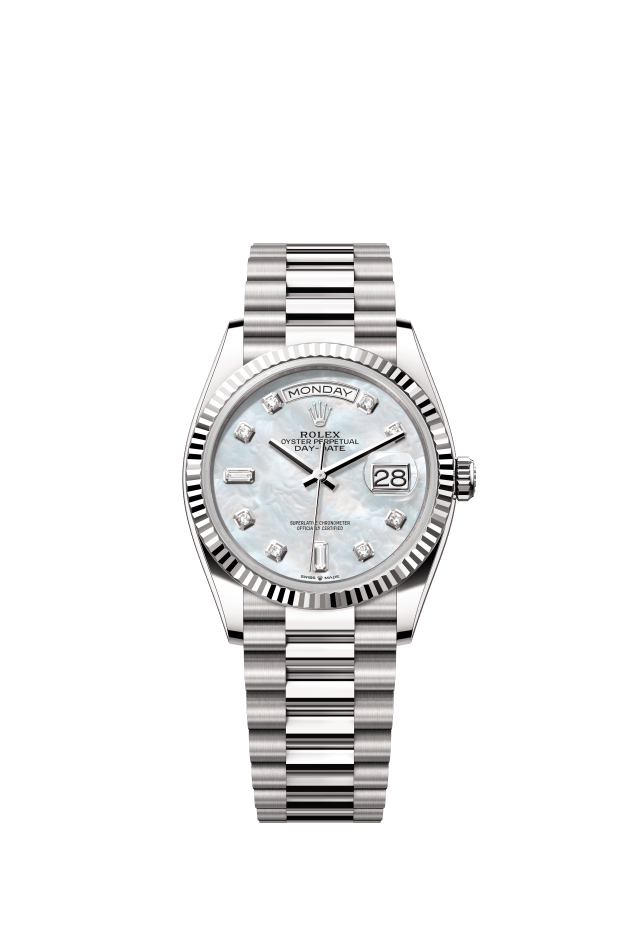 Rolex Day-Date 36, Oyster, 36 mm, white gold, white mother-of-pearl set with diamonds dial