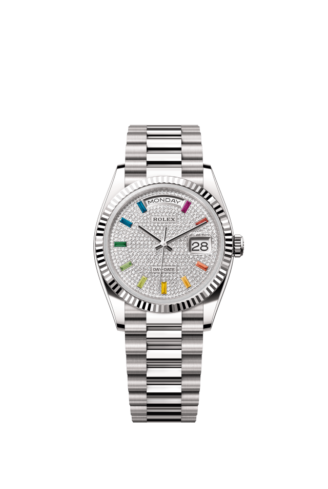 Rolex Day-Date 36, Oyster, 36 mm, white gold, diamond-paved dial