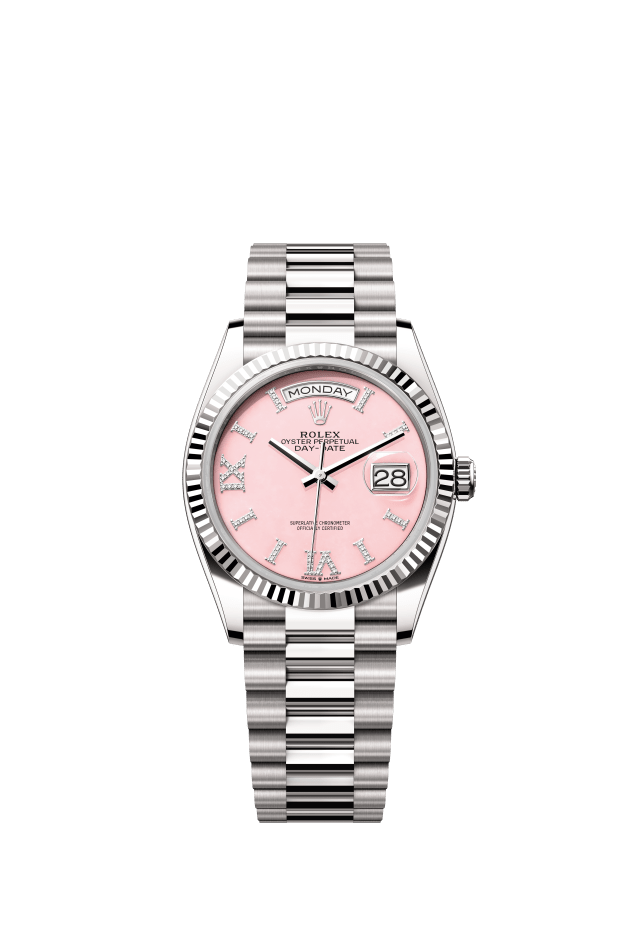 Rolex Day-Date 36, Oyster, 36 mm, white gold, pink opal set with diamonds dial