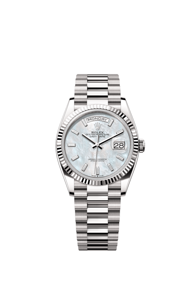 Rolex Day-Date 36, Oyster, 36 mm, white gold, white mother-of-pearl set with diamonds dial