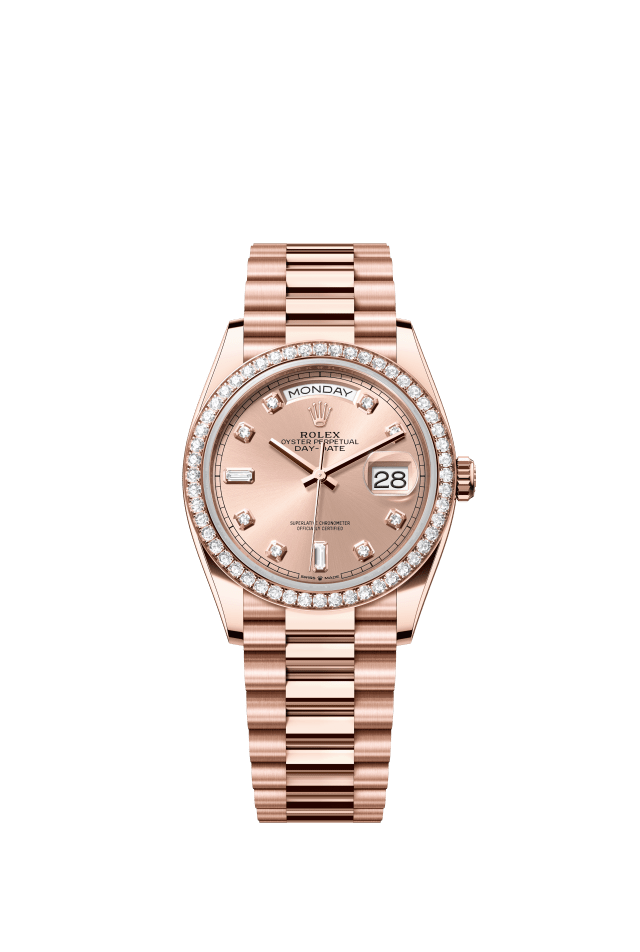 Rolex Day-Date 36, Oyster, 36 mm, Everose gold and diamonds, rosé-colour set with diamonds dial