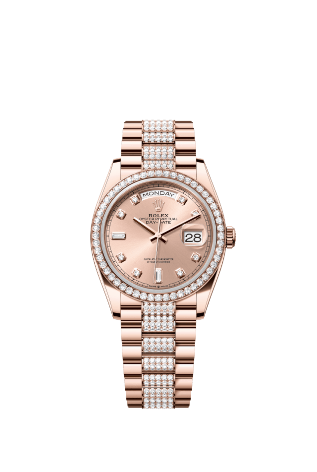 Rolex Day-Date 36, Oyster, 36 mm, Everose gold and diamonds, rosé-colour set with diamonds dial