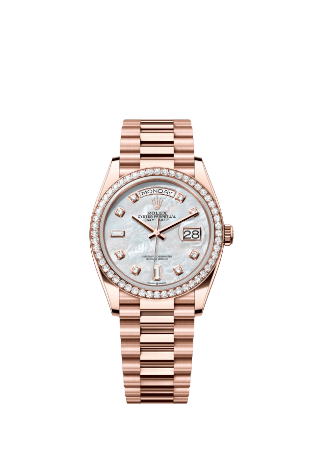 Rolex Day-Date 36, Oyster, 36 mm, Everose gold and diamonds, white mother-of-pearl set with diamonds dial