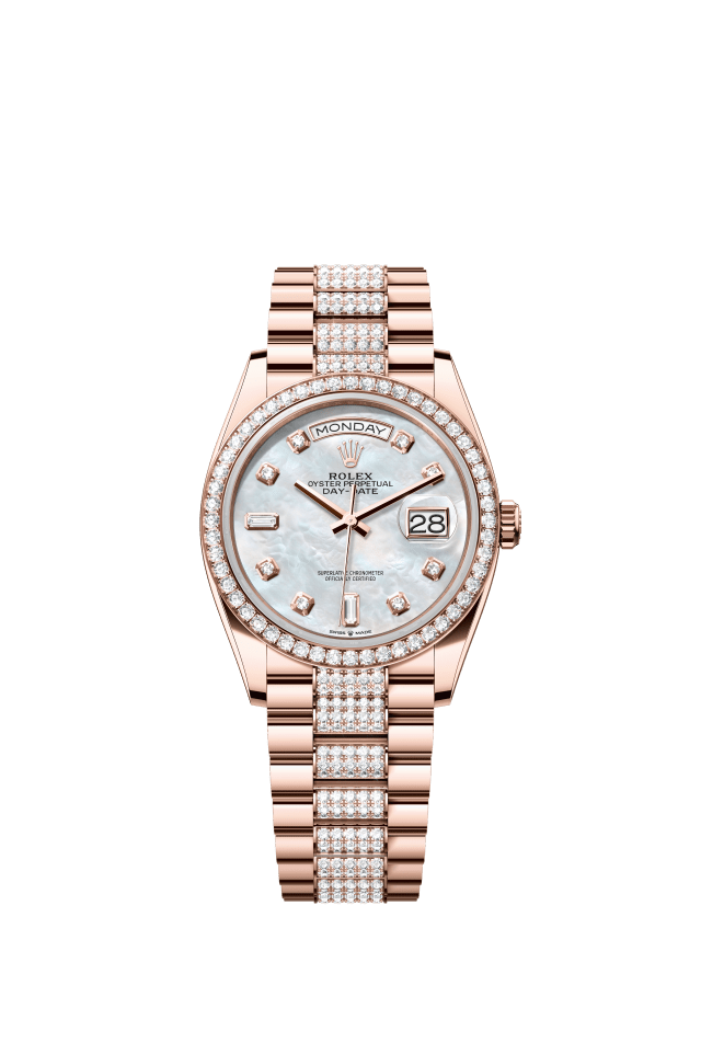 Rolex Day-Date 36, Oyster, 36 mm, Everose gold and diamonds, white mother-of-pearl set with diamonds dial
