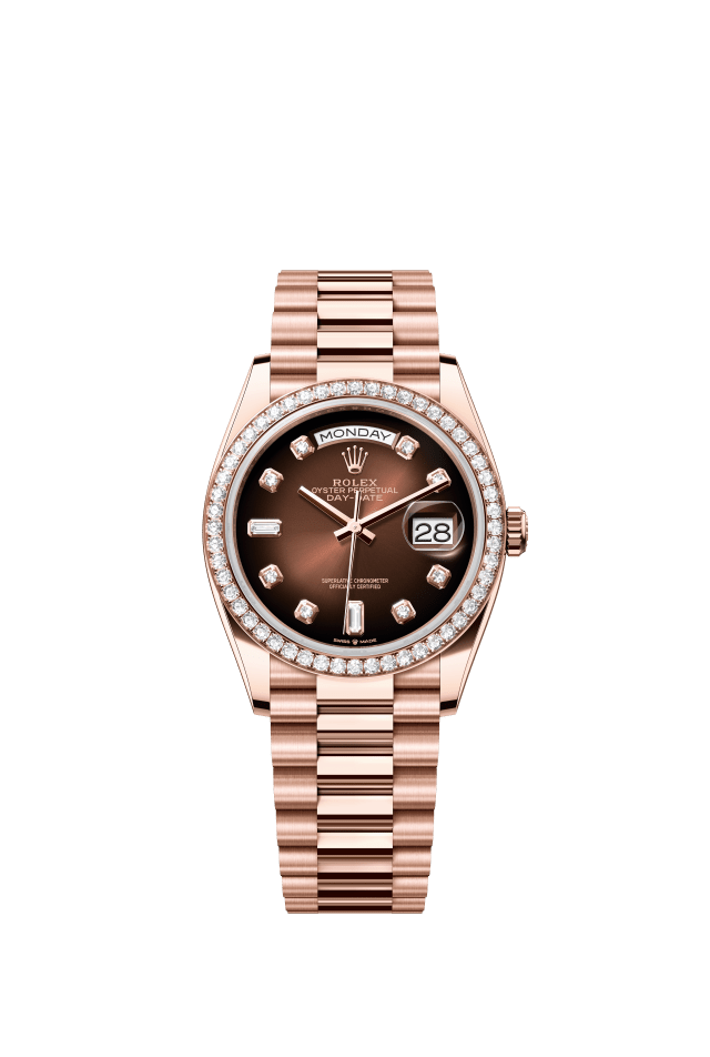 Rolex Day-Date 36, Oyster, 36 mm, Everose gold and diamonds, brown ombré set with diamonds dial