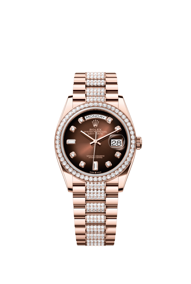 Rolex Day-Date 36, Oyster, 36 mm, Everose gold and diamonds, brown ombré set with diamonds dial