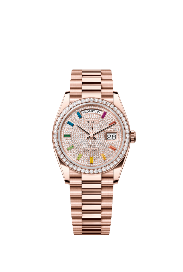 Rolex Day-Date 36, Oyster, 36 mm, Everose gold and diamonds, diamond-paved dial