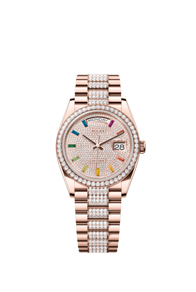 Rolex Day-Date 36, Oyster, 36 mm, Everose gold and diamonds, diamond-paved dial