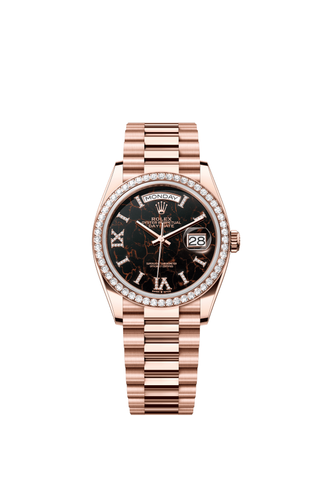 Rolex Day-Date 36, Oyster, 36 mm, Everose gold and diamonds, eisenkiesel set with diamonds dial