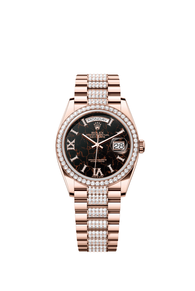 Rolex Day-Date 36, Oyster, 36 mm, Everose gold and diamonds, eisenkiesel set with diamonds dial