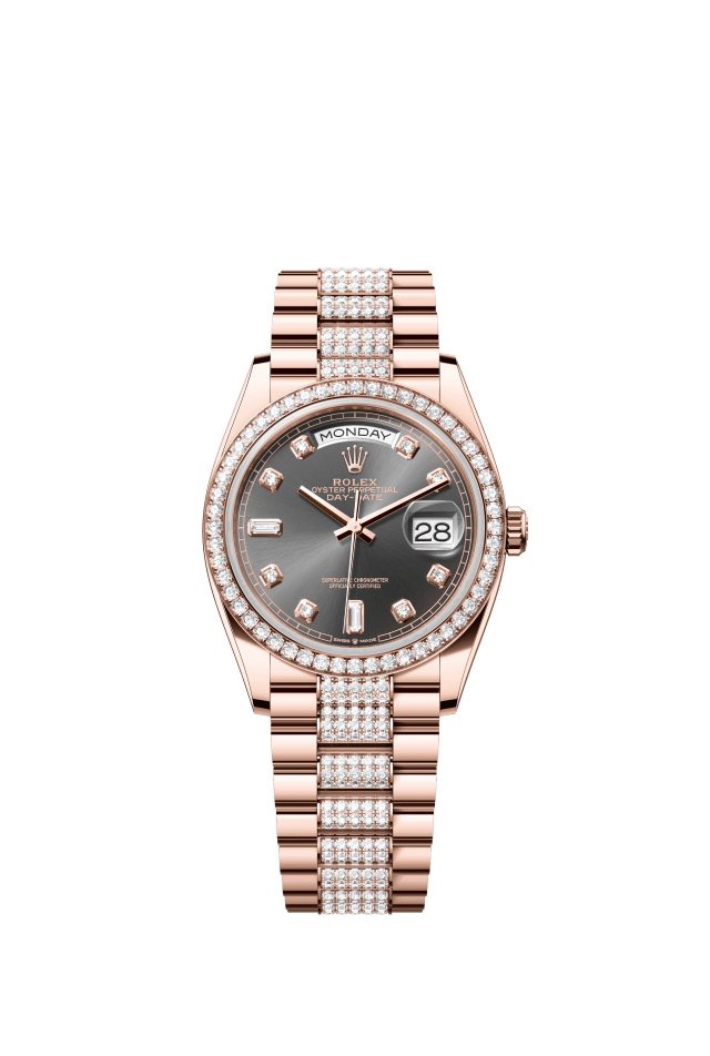 Rolex Day-Date 36, Oyster, 36 mm, Everose gold and diamonds, slate set with diamonds dial