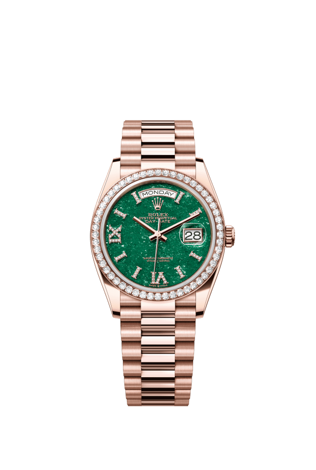 Rolex Day-Date 36, Oyster, 36 mm, Everose gold and diamonds, green aventurine set with diamonds dial